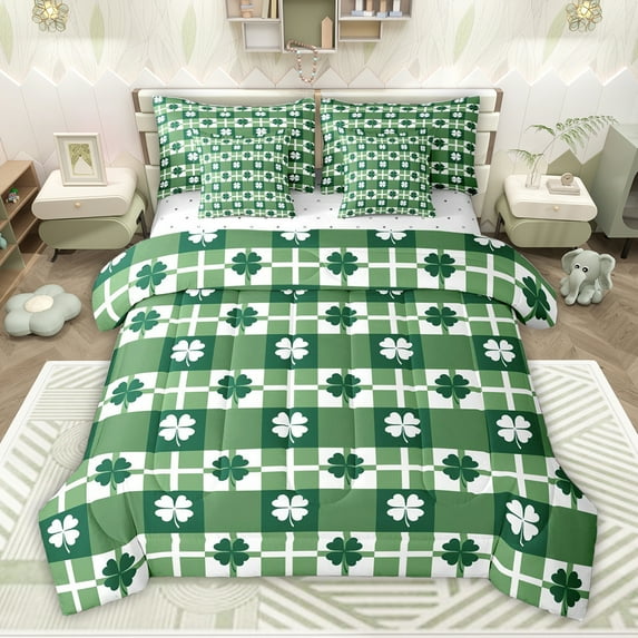 jejeloiu Lucky Clover Leaves 7-Piece Bedding Comforter Set,Modern Geometric Grid King Bedding Sets For Men Women Reversible