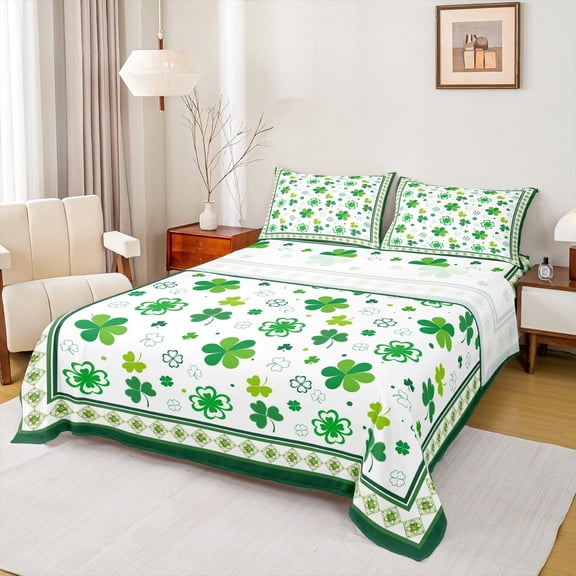 jejeloiu Lucky Clover Leaves Bed Sheets,Happy St.Patrick Day King Sheets,Green White Sheet Set For Men Women,Luxury Bedroom Decor,4 Pieces