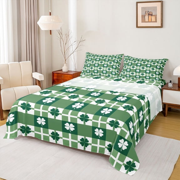 jejeloiu Lucky Clover Leaves Bed Sheets,Modern Geometric Grid King Sheets For Men Women 4pcs