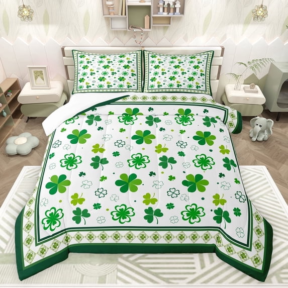 jejeloiu Lucky Clover Leaves Bedding Comforter Set,Happy St.Patrick Day Twin Comforter Sets,Green White Bedding Set For Men Women,Luxury Bedroom Decor,2 Pieces