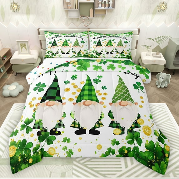 jejeloiu Lucky Leaf Clover Bedding Comforter Set,Happy St Patricks Day Twin Comforter Sets,Cartoon Gnome Bedding Set For Kids,Breathable Home Decor Reversible,2-Piece