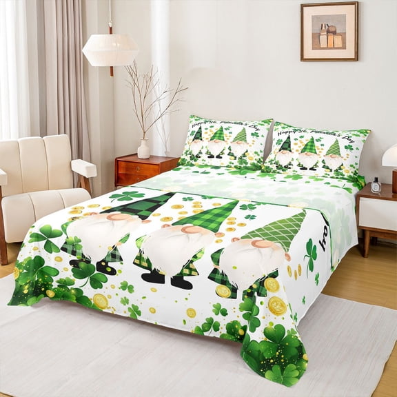 jejeloiu Lucky Leaf Clover Queen Sheet Sets,Happy St Patricks Day Flat Sheet,Cartoon Gnome Queen Fitted Sheet For Kids,Breathable Home Decor,4pcs