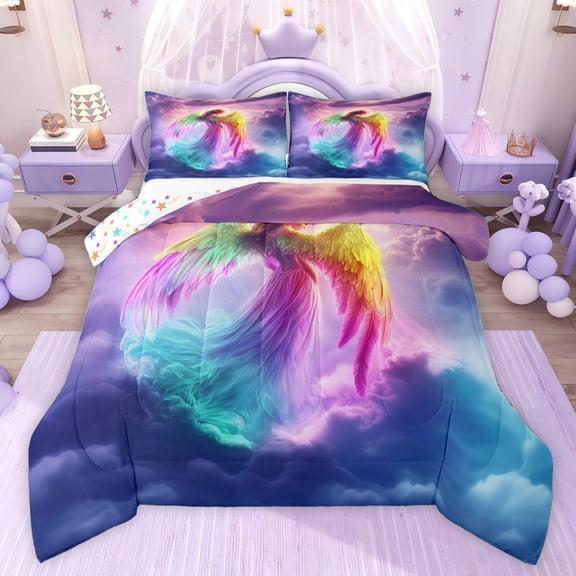 jejeloiu Magic Angle Girls Queen Comforter Set,Colorful Wings Bedding Comforter Set For Princess Reversible 3pcs