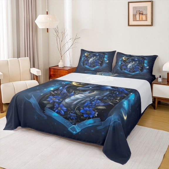 jejeloiu Magic Animal Dragon Bed Sheets,Westerb Fantasy Theme King Sheets,Blue Flower Floral Sheet Set For Bots Girls,Microfiber Bedroom Decor,4pcs