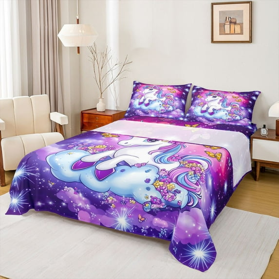 jejeloiu Magic Animal Unicorn Bed Sheets,Multicolor Flowers Floral King Sheets,Purple Galaxy Stars Sheet Set For Girl,Breathable Home Decor,4pcs