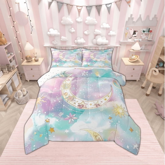 jejeloiu Magic Boho Moon Bedding Comforter Set,Watercolor Splashing Ink Twin Comforter Sets,Galaxy Sun Stars Bedding Set For Childre,Microfiber Bedroom Decor Reversible,2 Pieces