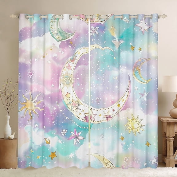 jejeloiu Magic Boho Moon Blackout Curtains Set of 2 (52x84 Each),Watercolor Splashing Ink Window Curtains,Galaxy Sun Stars Curtains and Drapes For Childre,Microfiber Bedroom Decor
