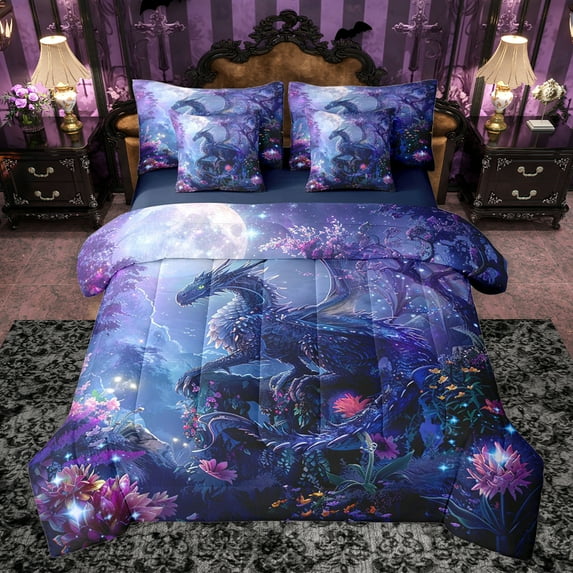 jejeloiu Magic Cartoon Dragon 7-Piece Twin Bedding Sets,Colorful Floral Bedding Comforter Set,Western Fantasy Sheet Sets For Teens,Super Cozy Room Decor Reversible
