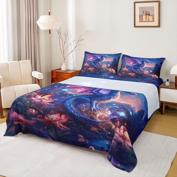 jejeloiu Magic Cartoon Dragon Bed Sheets,Pink Lotus King Sheets,Galaxy Starry Night Sheet Set For Boys Teens,Super Cozy Room Decor,4 Pieces