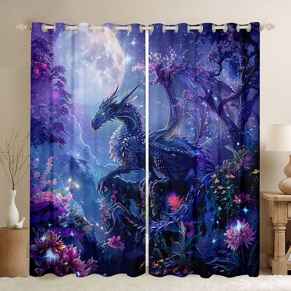 jejeloiu Magic Cartoon Dragon Blackout Curtains Set of 2 (52x84 Each),Colorful Floral Window Curtains,Western Fantasy Curtains and Drapes For Teens,Super Cozy Room Decor