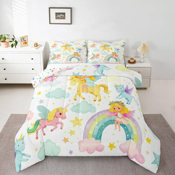 jejeloiu Magic Elf Unicorn Full Size Comforter Sets,Dreamy Fairy Tale World Bedding Comforter Set,Colorful Rainbow Bedding Sets For Girls,Breathable Home Decor Reversible,3pcs