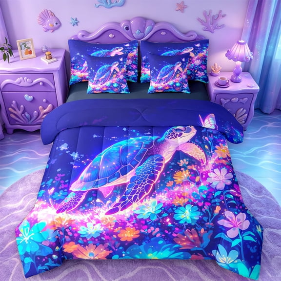jejeloiu Magical Animal Turtle 7-Piece Twin Bedding For Girls,Colorful Floral Bedding Comforter Set,Blue Purple,Navy Blue Reversible