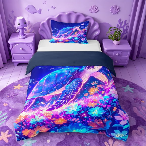 jejeloiu Magical Animal Turtle Twin Duvet Cover For Girls,Colorful Floral Twin Bedding,Blue Purple,Navy Blue Reversible,2-Piece,1 Duvet Cover and 1 Pillowcase