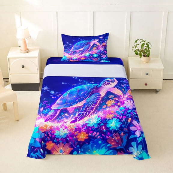 jejeloiu Magical Animal Turtle Twin Sheets For Girls,Colorful Floral Bedding,Blue Purple,3-Piece,1 Fitted Sheet and 1 Pillowcase