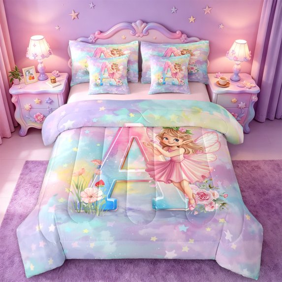 jejeloiu Magical Cute Girls 7-Piece Twin Bedding Sets For Kids,Girls Personalized Initial A Bedding Comforter Set,Pink Reversible