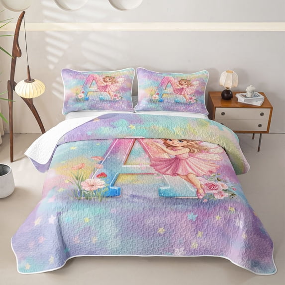 jejeloiu Magical Cute Girls Twin Quilt Set For Kids,Girls Personalized Initial A Twin Coverlet Set,2pcs