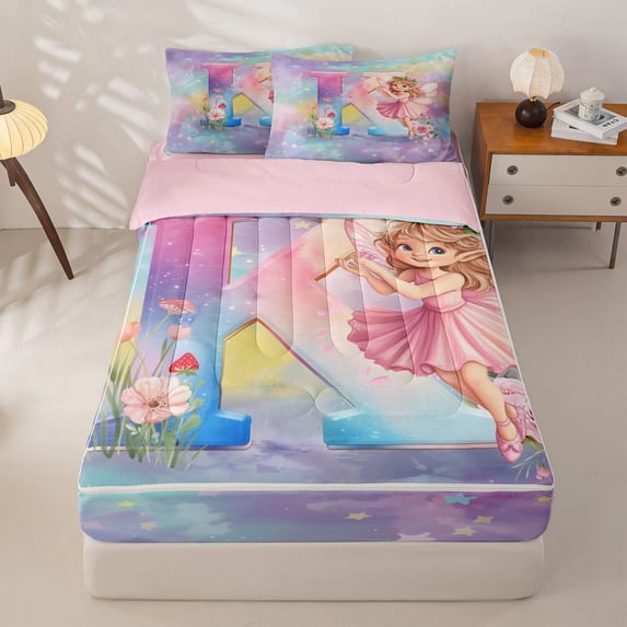 jejeloiu Magical Cute Girls Zipper Full Size Comforter Sets with Fitted Sheet and 2 Pillowcases For Kids,Girls Personalized Initial K Zipper Bedding Set,Pink Reversible,4-Piece