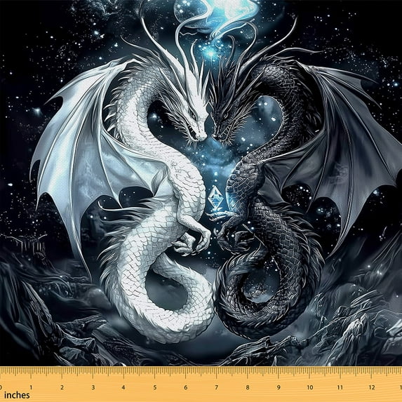 jejeloiu Magical Dragon Fabric by the Yard 1 Yard, Black White Wildlife Sewing Fabric, Western Animal Room Decor Fabric by the Yard, Microfiber Bedroom Decor