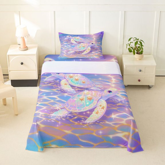 jejeloiu Magical Sea Turtle Twin Sheets For Girls,Starlight Print Bedding,Purple Blue,3 Pieces,1 Fitted Sheet and 1 Pillowcase