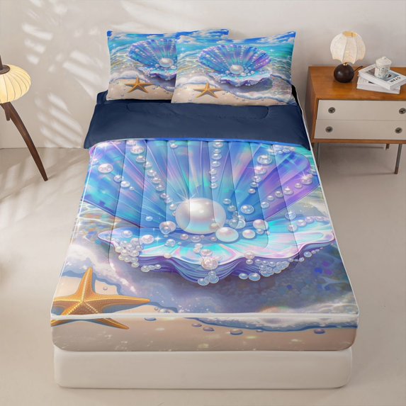 jejeloiu Magical Seashell Pearl Zipper Full Size Comforter Sets with Fitted Sheet and 2 Pillowcases For Girls,Sparkle Beach Starfish Zipper Bedding Set,Blue Purple,Navy Blue Reversible,4-Piece