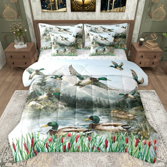 jejeloiu Mallard 7-Piece Twin Bedding Sets,Rustic Plant River Bedding Comforter Set,Vintage Flowers Pattern Sheet Sets For Men Women,Luxury Bedroom Decor Reversible
