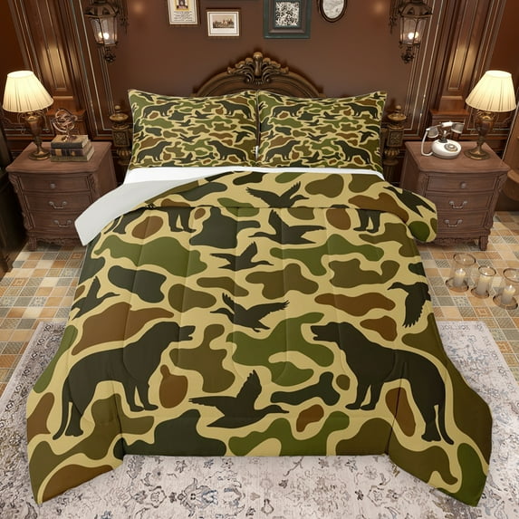 jejeloiu Mallard Camouflage Pattern Bedding Comforter Set,Hunting Farmhouse Camping Twin Comforter Sets,Black Brown Green Bedding Set For Men Women,Luxury Bedroom Decor Reversible,2pcs