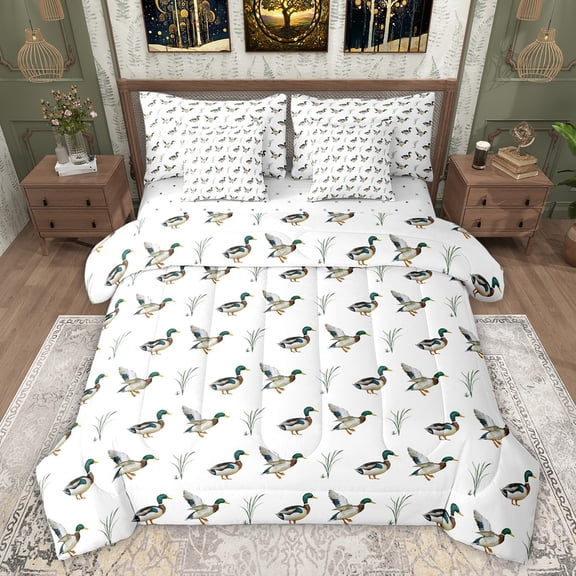 jejeloiu Mallard Duck 7-Piece Twin Bedding Sets,Rustic Plants Leaf Bedding Comforter Set For Men Women Reversible