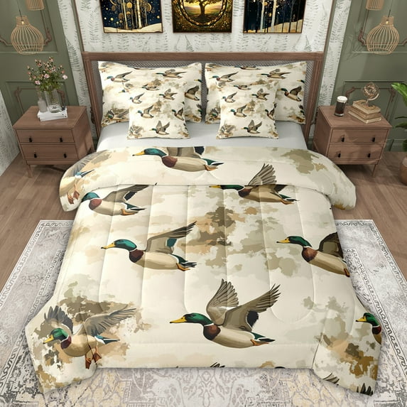 jejeloiu Mallard Duck 7pcs Bedding Comforter Set,Gray Wild Animals Queen Bedding Sets For Men Women Reversible