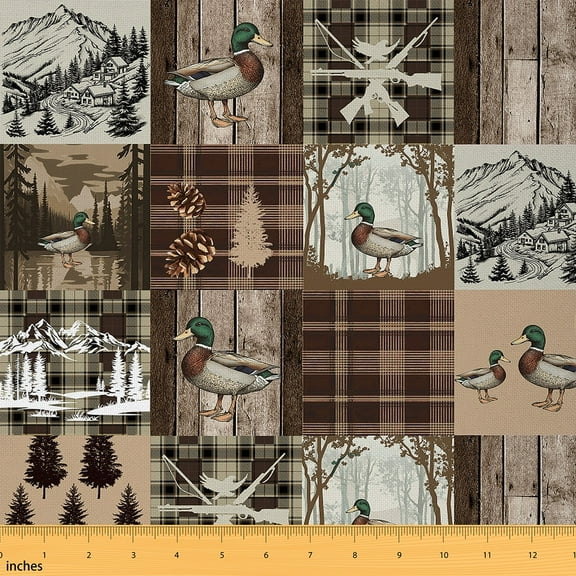 jejeloiu Mallard Duck Fabric by the Yard 2 Yards,Jungle Wildlife Room Decor Fabric by the Yard,Patchwork Geometric Checkered Fabric for Sewing For Tees,Super Cozy Room Decor
