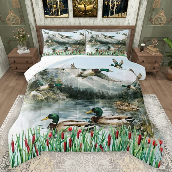 jejeloiu Mallard Full Size Comforter Sets,Rustic Plant River Bedding Comforter Set,Vintage Flowers Pattern Bedding Sets For Men Women,Luxury Bedroom Decor Reversible,3 Pieces