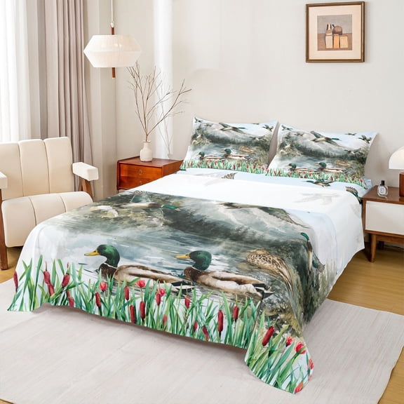 jejeloiu Mallard Twin Sheet Sets,Rustic Plant River Twin Fitted Sheet,Vintage Flowers Pattern Flat Sheet For Men Women,Luxury Bedroom Decor,3-Piece