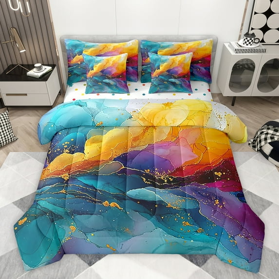 jejeloiu Marble Liquid 7pcs Bedding Comforter Set,Ombre Fluid Watercolor Queen Bedding Sets,Gradient Teal Pink Orange Queen Sheet Sets For Girls Kids,Luxury Bedroom Decor Reversible