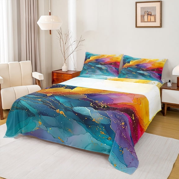 jejeloiu Marble Liquid Bed Sheets,Ombre Fluid Watercolor King Sheets,Gradient Teal Pink Orange Sheet Set For Girls Kids,Luxury Bedroom Decor,4-Piece