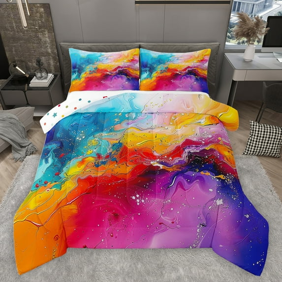 jejeloiu Marble Liquid Full Size Comforter Sets,Ombre Fluid Watercolor Bedding Comforter Set,Gradient Multicolor Bedding Sets For Girls Kids,Luxury Bedroom Decor Reversible,3-Piece