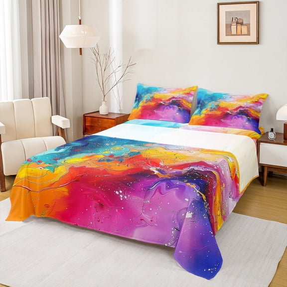 jejeloiu Marble Liquid Full Size Sheets,Ombre Fluid Watercolor Bed Sheets,Gradient Multicolor Sheet Sets For Girls Kids,Luxury Bedroom Decor,4-Piece
