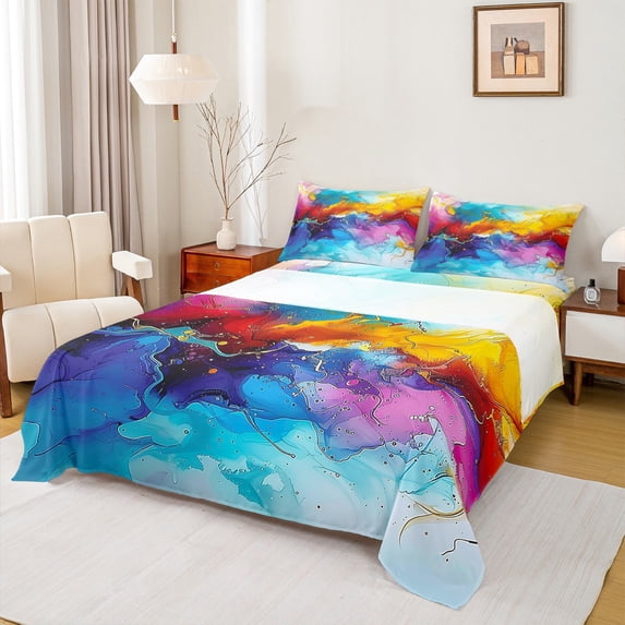 jejeloiu Marble Liquid Gradient Bed Sheets,Colorful Ombre Effects King Sheets,Abstract Watercolor Sheet Set For Girls Boys,Super Cozy Room Decor,4pcs