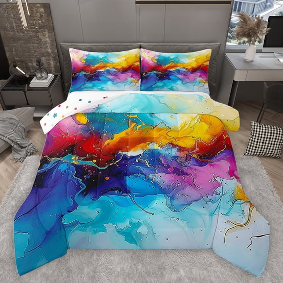 jejeloiu Marble Liquid Gradient Queen Comforter Set,Colorful Ombre Effects Bedding Sets,Abstract Watercolor Bedding Comforter Set For Girls Boys,Super Cozy Room Decor Reversible,3 Pieces