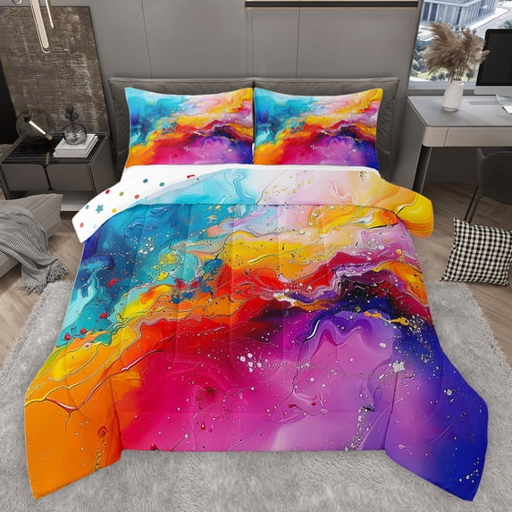 jejeloiu Marble Liquid Queen Comforter Set,Ombre Fluid Watercolor Bedding Sets,Gradient Multicolor Bedding Comforter Set For Girls Kids,Luxury Bedroom Decor Reversible,3 Pieces