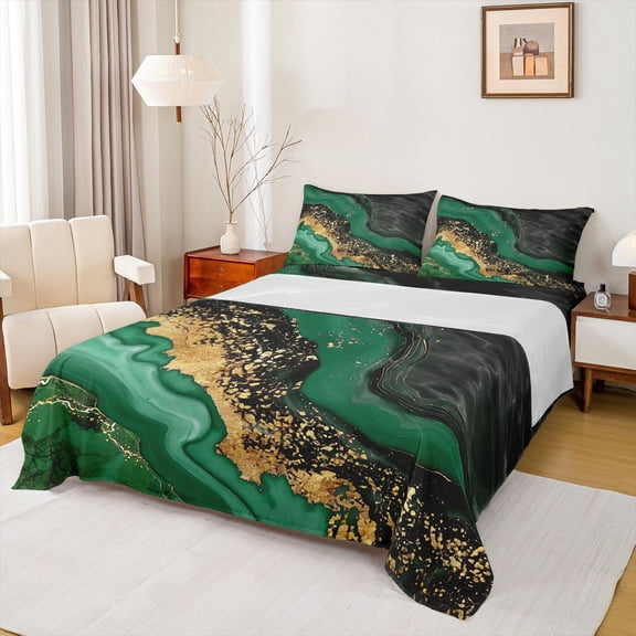 jejeloiu Marble Texture Print Bed Sheets,Modern Abstract Aesthetic King Sheets,Gold Green Black Sheet Set For Girls Kids,Super Cozy Room Decor,4pcs