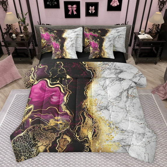 jejeloiu Marbling Abstract Stone Texture 7-Piece Twin Bedding Sets,Marble Print Bedding Comforter Set,Colorful Ombre Effect Sheet Sets For Teens,Luxury Bedroom Decor Reversible