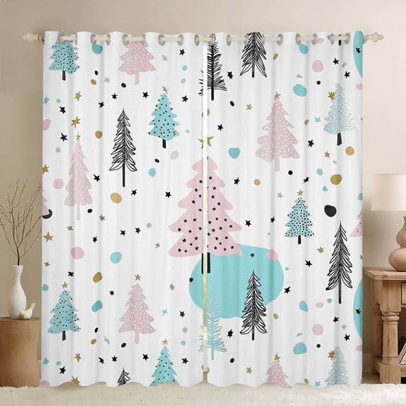 jejeloiu Marry Christmas Black Out Curtains,Pink Xmas Pine Curtains Pack of 2 (42x63 Each),Happy New Year Bedroom Curtains,Super Cozy Bedroom Decor