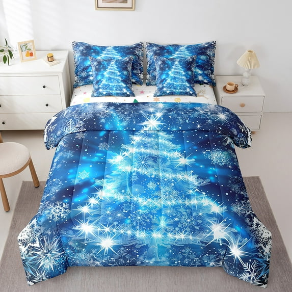 jejeloiu Marry Xmas Bedding Comforter Set 7-Piece,Blue Christmas Tree King Bedding Sets,Cartoon Snowfalke Bed Sheets For Boys Girls,Lightweight Bedroom Decoration Reversible