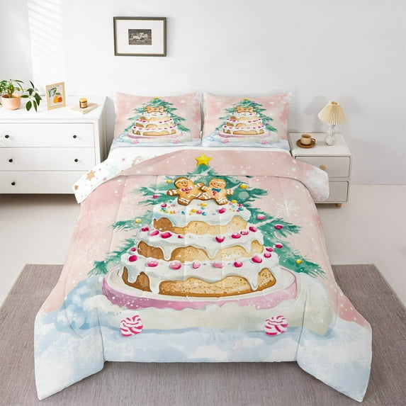 jejeloiu Marry Xmas Cake Full Size Comforter Sets,Christmas Tree Bedding Comforter Set,Little Bear Biscuit Bedding Sets For Boys Girls,Lightweight Bedroom Decoration Reversible,3-Piece
