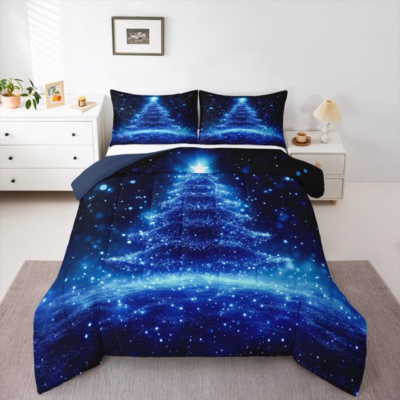 jejeloiu Marry Xmas Full Size Comforter Sets,Dreamy Christmas Tree Bedding Comforter Set,Glitter Stars Print Bedding Sets For Boys Girls,Lightweight Bedroom Decoration Reversible,3-Piece