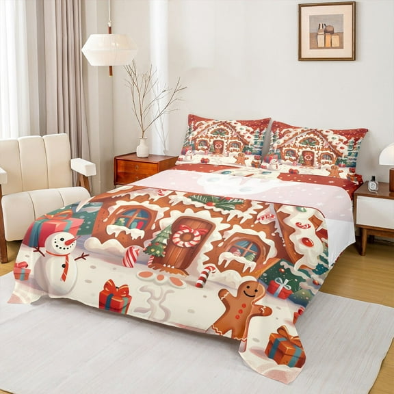 jejeloiu Marry Xmas Twin Sheet Sets,Christmas Theme Twin Fitted Sheet,Snowman Gifts Flat Sheet,Lightweight Room Decorative,3 Pieces