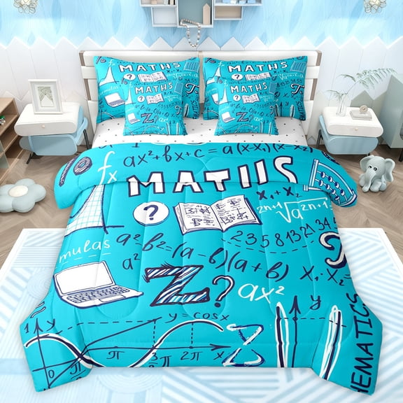jejeloiu Math Theme 7-Piece Bedding Comforter Set,Mathematics Equation Geometric King Bedding Sets,Blue White Bed Sheets For Boys Girls,Microfiber Bedroom Decor Reversible