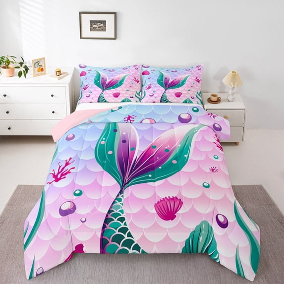 jejeloiu Mermaid Tail Print Full Size Comforter Sets,Ocean Sea Animal Bedding Comforter Set,Sealife Coral Shell Bedding Sets For Girls,Cozy Room Decor Reversible,3-Piece