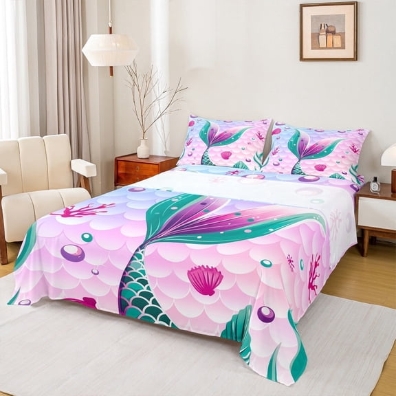 jejeloiu Mermaid Tail Print Twin Sheet Sets,Ocean Sea Animal Twin Fitted Sheet,Sealife Coral Shell Flat Sheet For Girls,Cozy Room Decor,3pcs