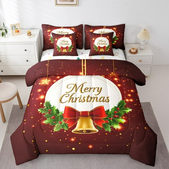 jejeloiu Merry Christmas 7-Piece Twin Bedding Sets,Red Bowtie Gold Bell Bedding Comforter Set,Xmas Berry Sheet Sets For Girls,Super Cozy Room Decor Reversible