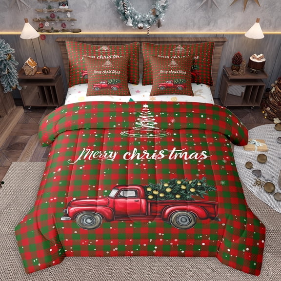 jejeloiu Merry Christmas 7pcs Bedding Comforter Set,Xmas Truck Queen Bedding Sets,Red Green Plaid Grid Queen Sheet SetsGirls Teens,Ultra Soft Home Decor Reversible